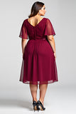 Burgundy A Line Lace Chiffon Midi Mother of the Bride Dress