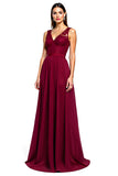 A Line Burgundy Chiffon Lace Ruched V Neck Formal Dress