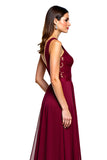 A Line Burgundy Chiffon Lace Ruched V Neck Formal Dress