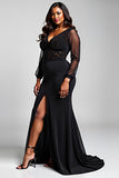 Black Stretch Satin Lace Mermaid V Neck Formal Dress with Slit