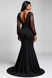 Black Stretch Satin Lace Mermaid V Neck Formal Dress with Slit