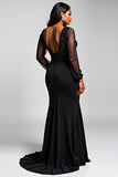 Black Stretch Satin Lace Mermaid V Neck Formal Dress with Slit