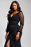 Black Stretch Satin Lace Mermaid V Neck Formal Dress with Slit