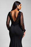 Black Stretch Satin Lace Mermaid V Neck Formal Dress with Slit