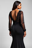 Black Stretch Satin Lace Mermaid V Neck Formal Dress with Slit