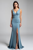 V Neck Dusty Blue Sheath Formal Dress with Slit