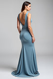 V Neck Dusty Blue Sheath Formal Dress with Slit