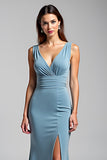 V Neck Dusty Blue Sheath Formal Dress with Slit