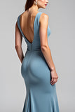 V Neck Dusty Blue Sheath Formal Dress with Slit