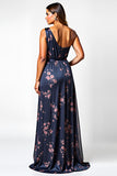 Navy Flower A-Line One Shoulder Long Wedding Guest Dress