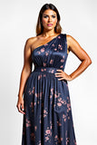 Navy Flower A-Line One Shoulder Long Wedding Guest Dress