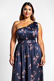 Navy Flower A-Line One Shoulder Long Wedding Guest Dress