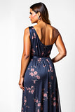 Navy Flower A-Line One Shoulder Long Wedding Guest Dress