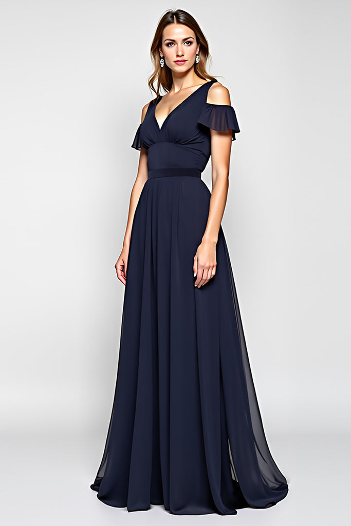 ZAPAKA Women Navy Long Wedding Guest Dress A-Line Cold Shoulder Chiffon ...