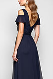 Navy A-Line Cold Shoulder Ruffled Chiffon Long Wedding Guest Dress