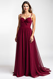 Burgundy A-Line Spaghetti Straps Ruched Chiffon Long Wedding Guest Dress