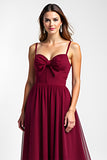 Burgundy A-Line Spaghetti Straps Ruched Chiffon Long Wedding Guest Dress