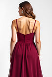 Burgundy A-Line Spaghetti Straps Ruched Chiffon Long Wedding Guest Dress