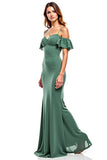 Eucalyptus Mermaid Cold Shoulder Ruffled Chiffon Long Wedding Guest Dress