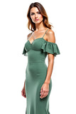 Eucalyptus Mermaid Cold Shoulder Ruffled Chiffon Long Wedding Guest Dress