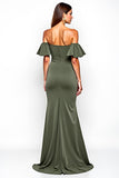 Olive Sheath Ruffled Off the Shoulder Long Wedding Guest Dress with Slit