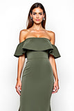 Olive Sheath Ruffled Off the Shoulder Long Wedding Guest Dress with Slit