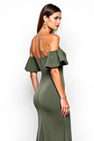 Olive Sheath Ruffled Off the Shoulder Long Wedding Guest Dress with Slit