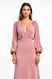 Dusty Rose Sheath V-Neck Long Sleeves Chiffon Wedding Guest Dress