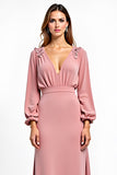 Dusty Rose Sheath V-Neck Long Sleeves Chiffon Wedding Guest Dress