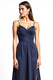 Navy A-Line Spaghetti Straps Ruched Chiffon Long Wedding Guest Dress with Slit