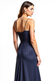 Navy A-Line Spaghetti Straps Ruched Chiffon Long Wedding Guest Dress with Slit