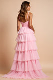 Blush Pink Spaghetti Straps Tiered Long Prom Dress With Ruffles