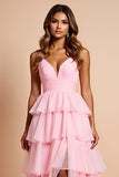 Blush Pink Spaghetti Straps Tiered Long Prom Dress With Ruffles