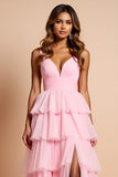 Blush Pink Spaghetti Straps Tiered Long Prom Dress With Ruffles