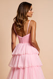 Blush Pink Spaghetti Straps Tiered Long Prom Dress With Ruffles