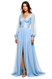 Sparkly Sky Blue V Neck Long Sleeve Sequin Long Bridesmaid Dress With Slit