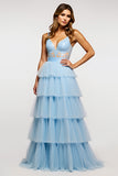 Sparkly Sky Blue Spaghetti Straps Tiered Long Prom Dress With Ruffles