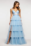 Sparkly Sky Blue Spaghetti Straps Tiered Long Prom Dress With Ruffles