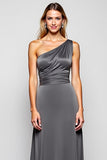 Sheath Steel Grey One Shoulder Long Satin Bridesmaid Dress