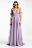 Lilac A Line Chiffon Spaghetti Straps Pleated Bridesmaid Dress