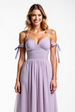 Lilac A Line Chiffon Spaghetti Straps Pleated Bridesmaid Dress