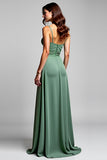 A Line Chiffon Eucalyptus Ruched Spaghetti Straps Bridesmaid Dress