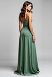 A Line Chiffon Eucalyptus Ruched Spaghetti Straps Bridesmaid Dress