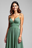 A Line Chiffon Eucalyptus Ruched Spaghetti Straps Bridesmaid Dress