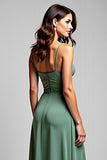 A Line Chiffon Eucalyptus Ruched Spaghetti Straps Bridesmaid Dress