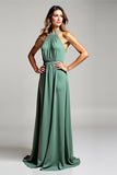 Halter Chiffon A Line Eucalyptus Long Bridesmaid Dress