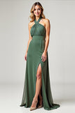 Halter A Line Chiffon Eucalyptus Bridesmaid Dress with Slit