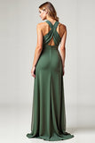 Halter A Line Chiffon Eucalyptus Bridesmaid Dress with Slit