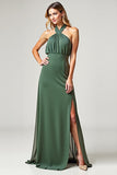 Halter A Line Chiffon Eucalyptus Bridesmaid Dress with Slit