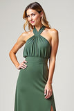 Halter A Line Chiffon Eucalyptus Bridesmaid Dress with Slit